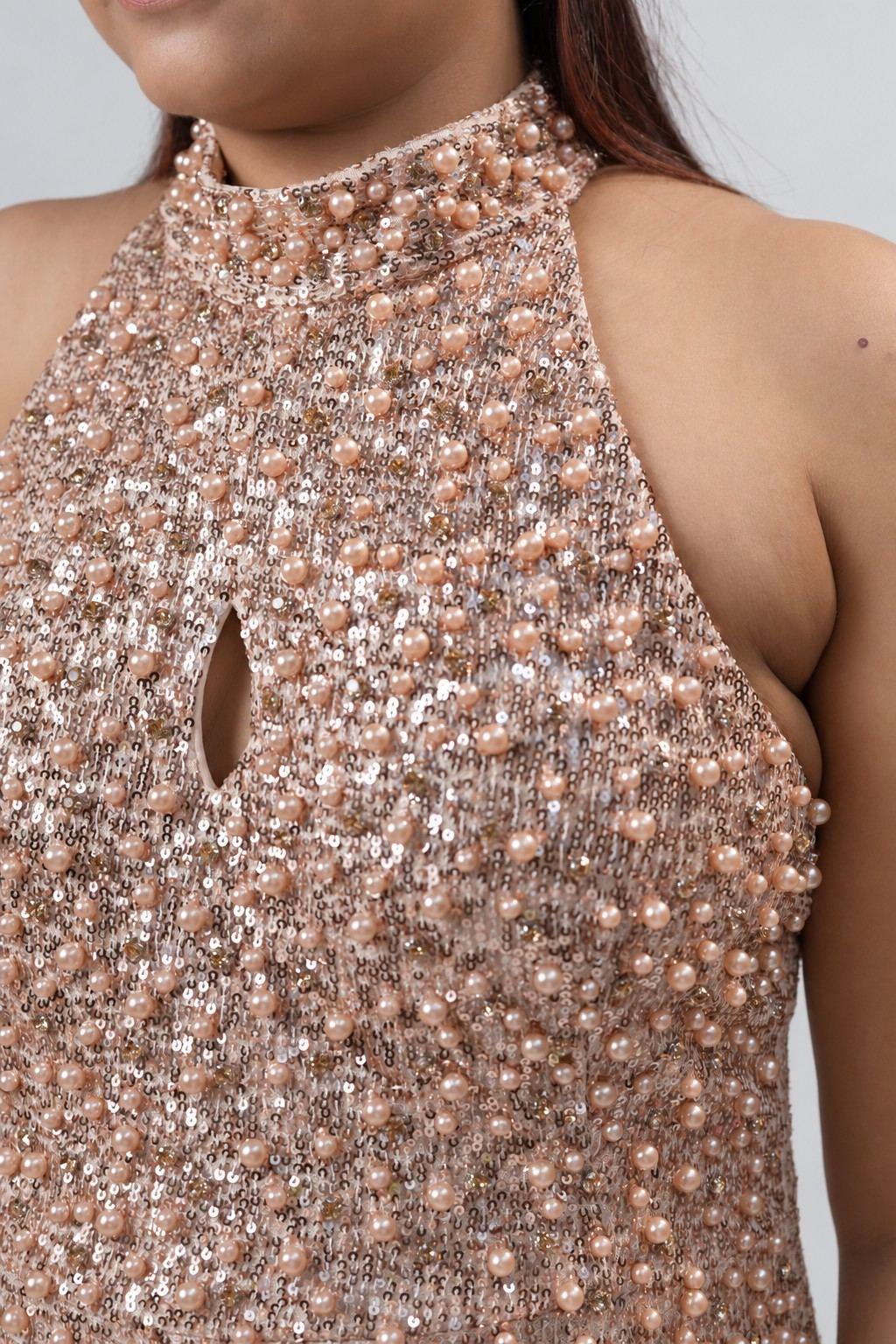 Champagne Sequin Halter Gown