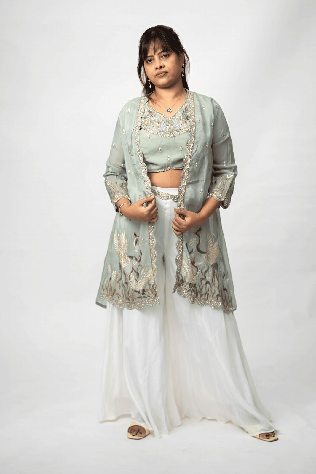 Sage Green Peacock Embroidered Jacket Lehenga Set