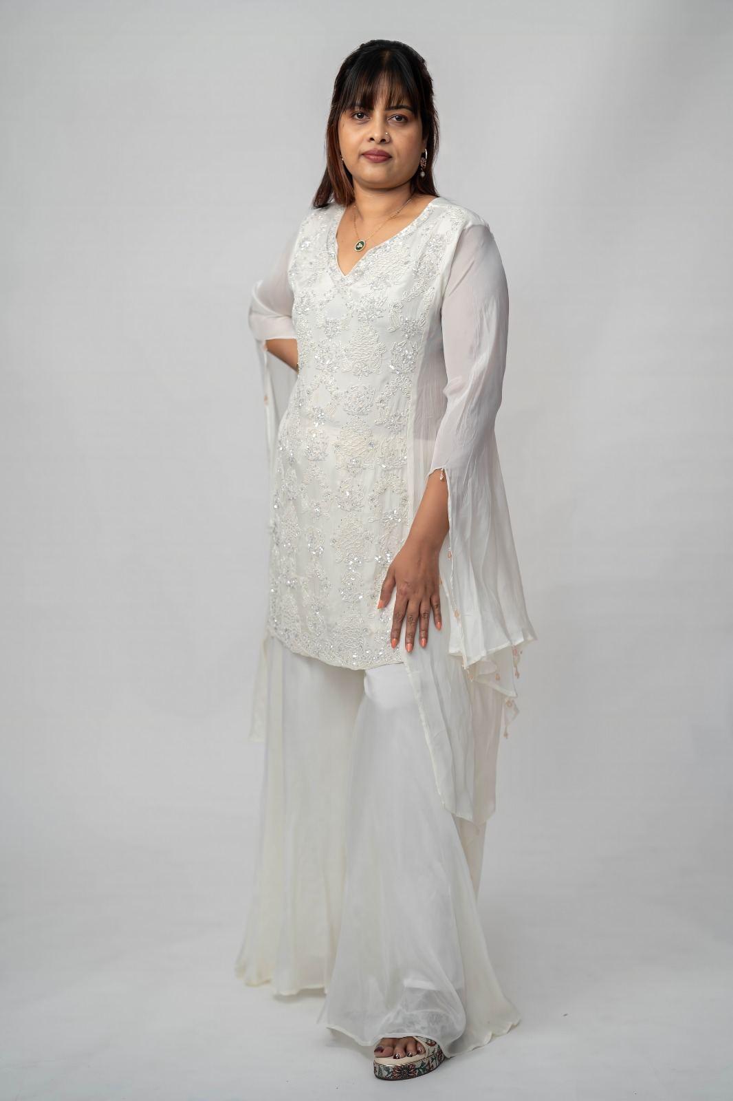 Ivory White Embroidered Cut-Out Anarkali Gown