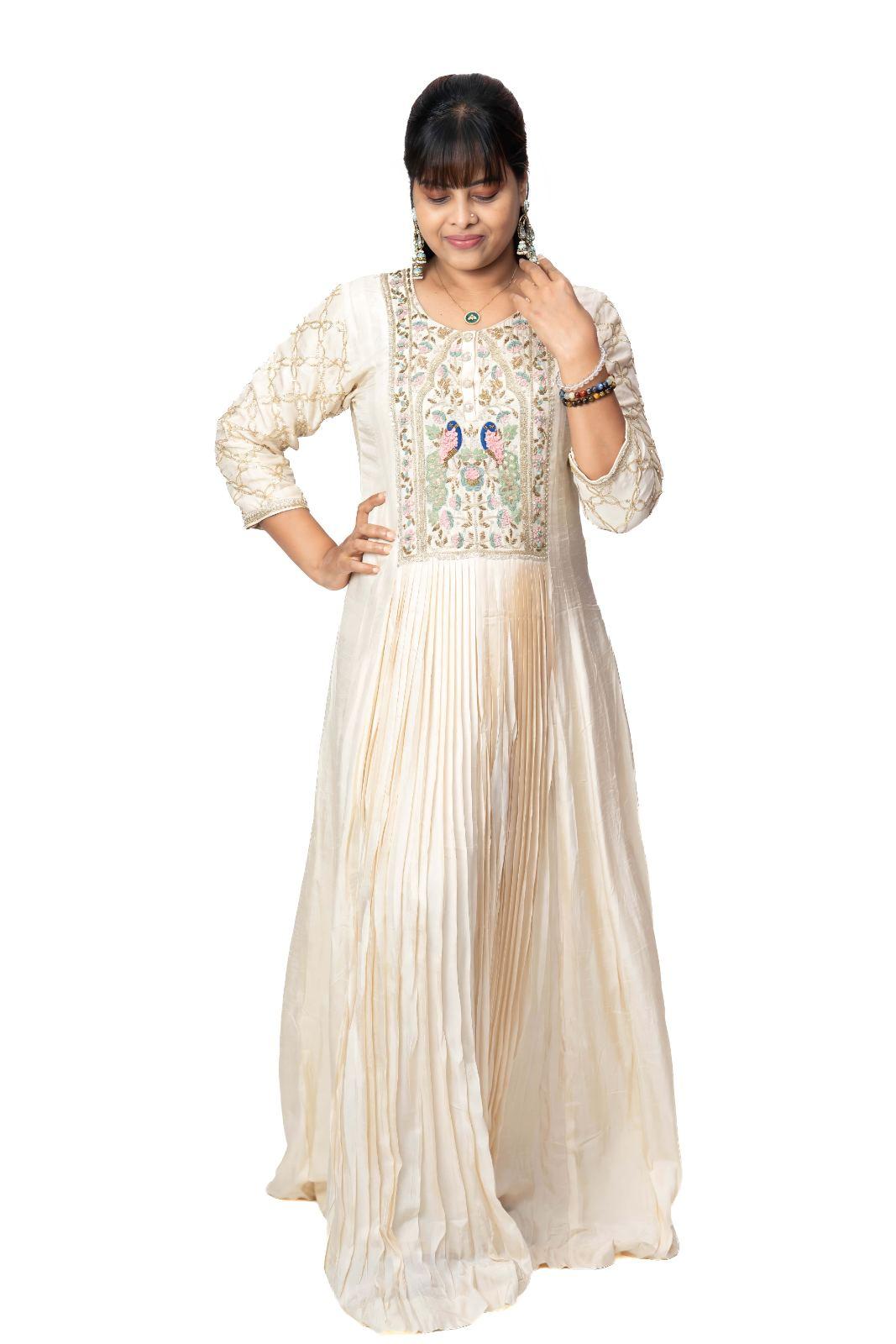 Ivory Peacock Embroidered Anarkali Gown Set