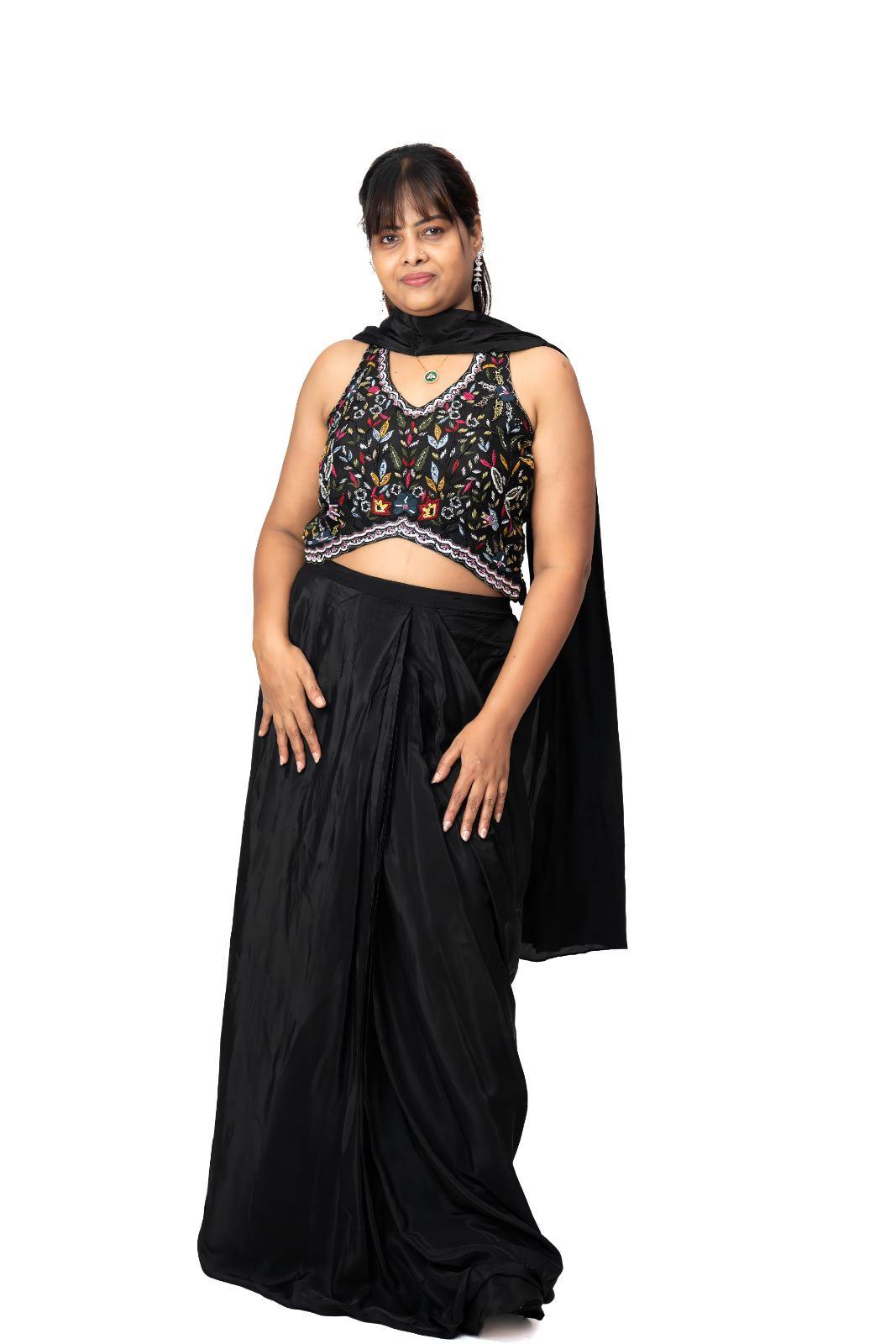 Black Multicolour Floral Embroidered Pre-Draped Saree Set