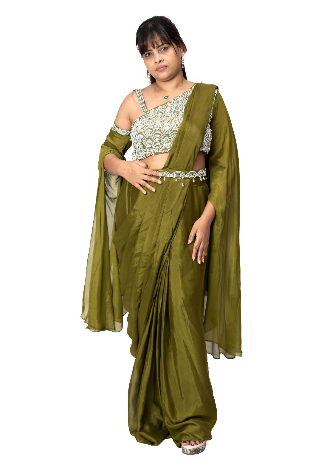 Olive Green Sequin Embellished Lehenga Saree Set