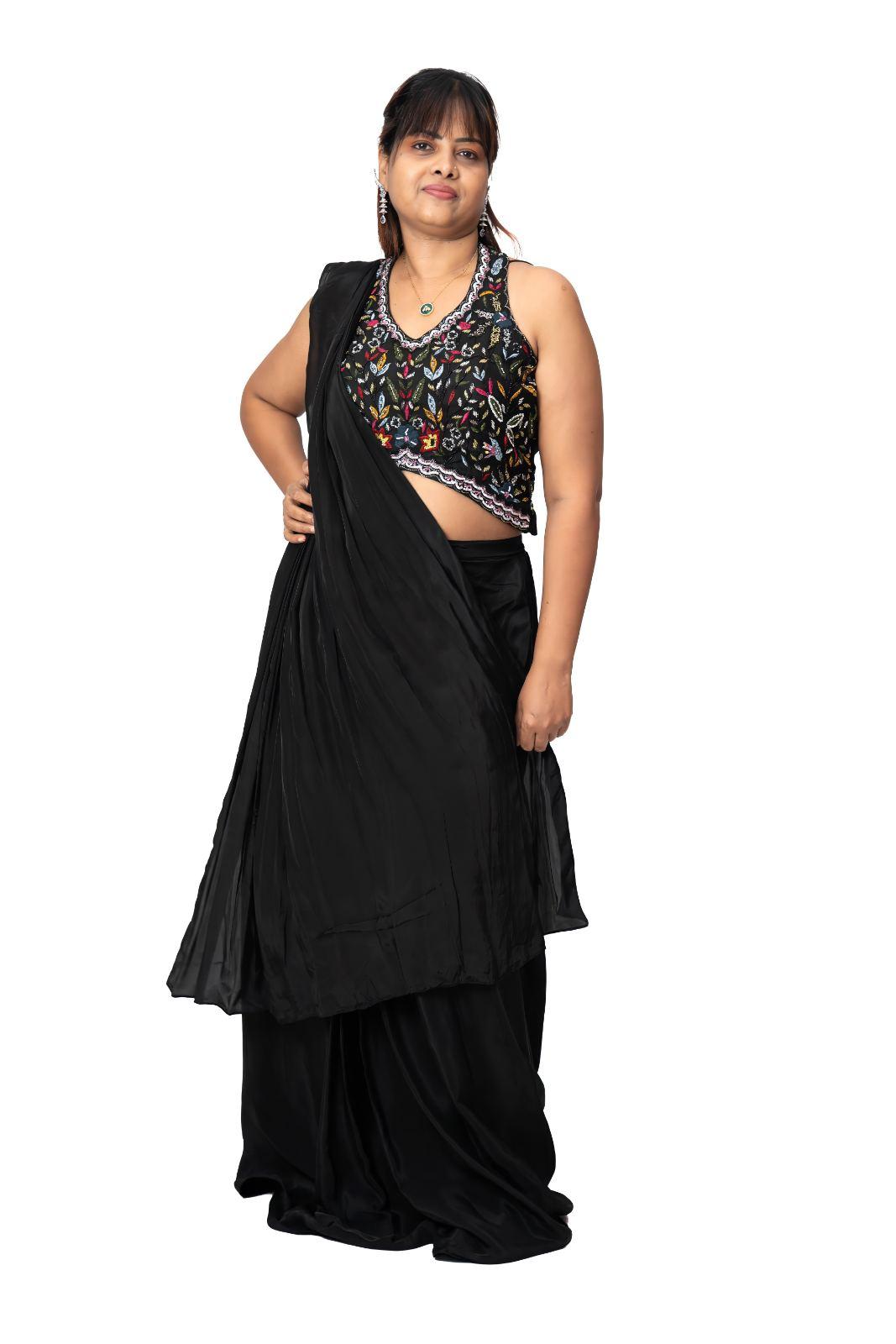 Black Multicolour Floral Embroidered Pre-Draped Saree Set