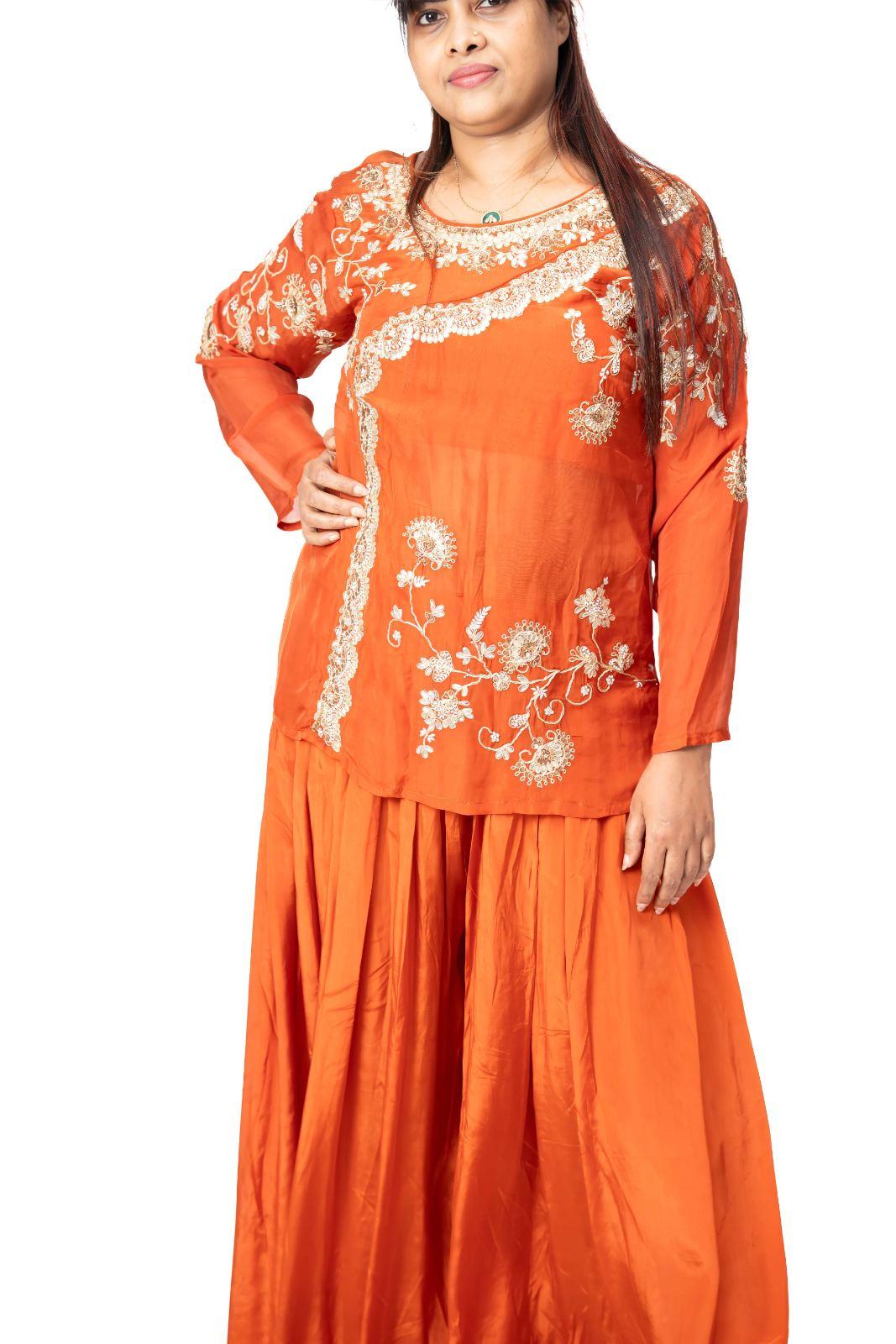 Rust Orange Floral Embroidered Top Lehenga Set