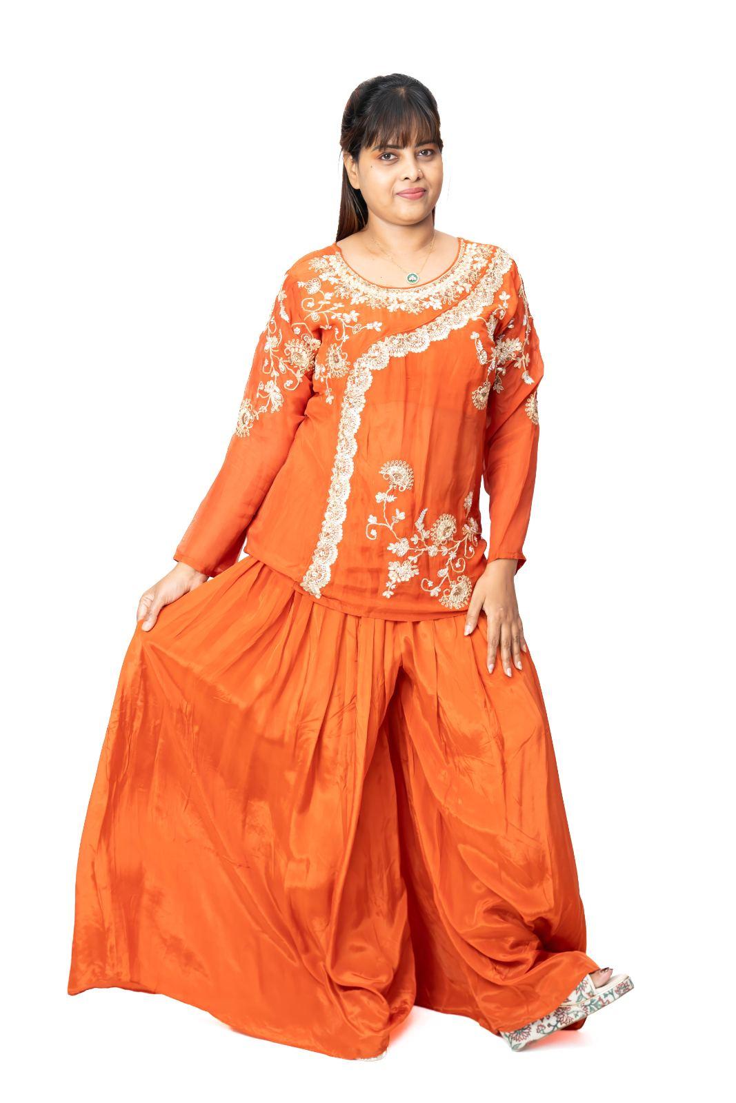 Rust Orange Floral Embroidered Top Lehenga Set