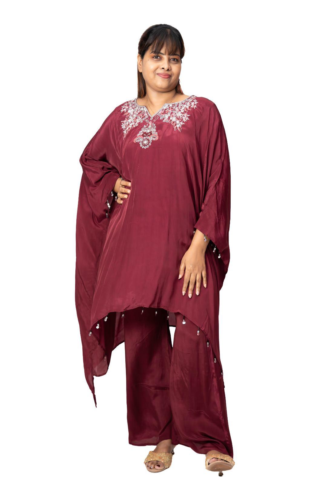 Maroon Floral Embroidered Kaftan Palazzo Set