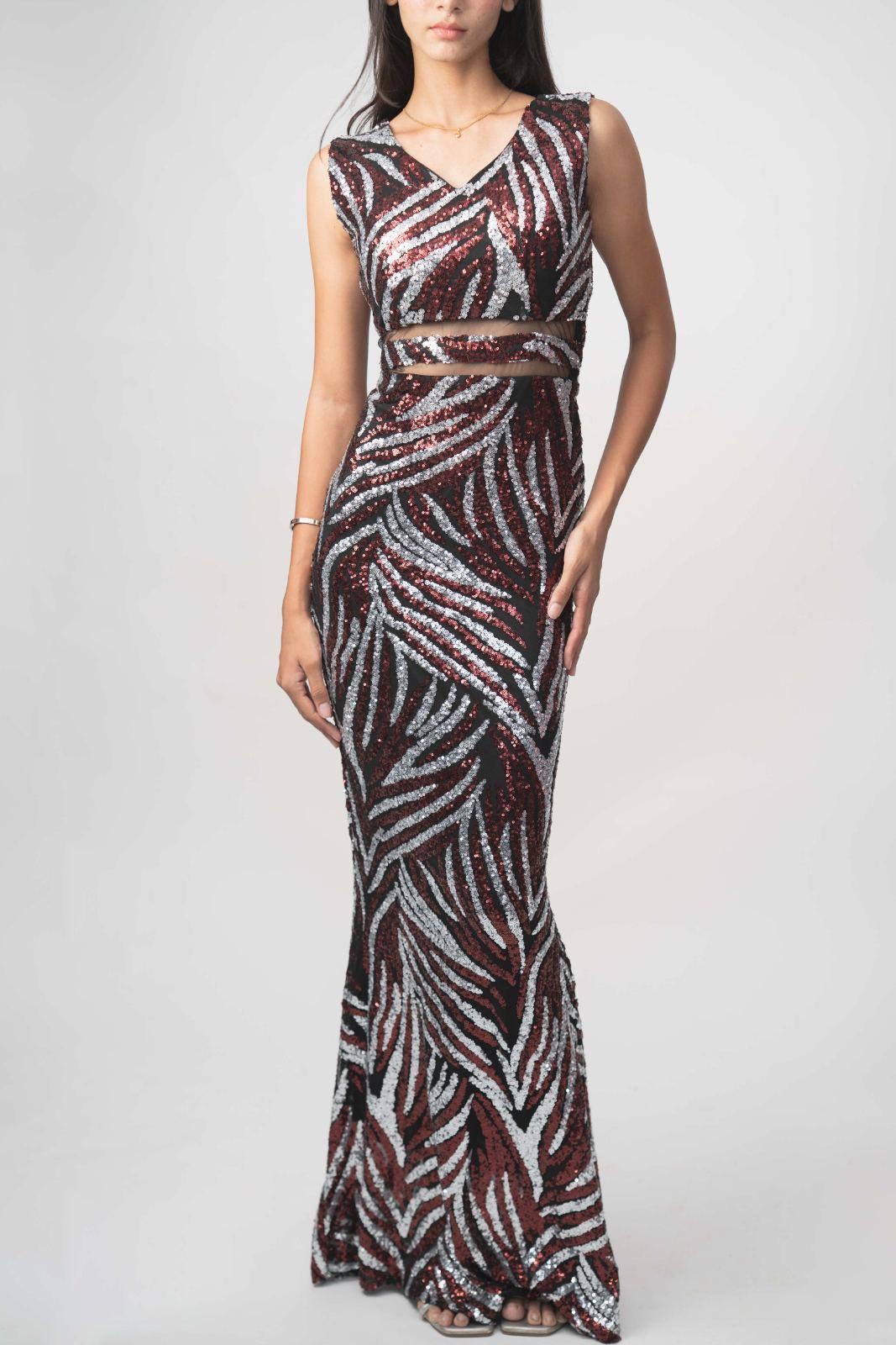 Black White Zebra Sequin Sleeveless Gown
