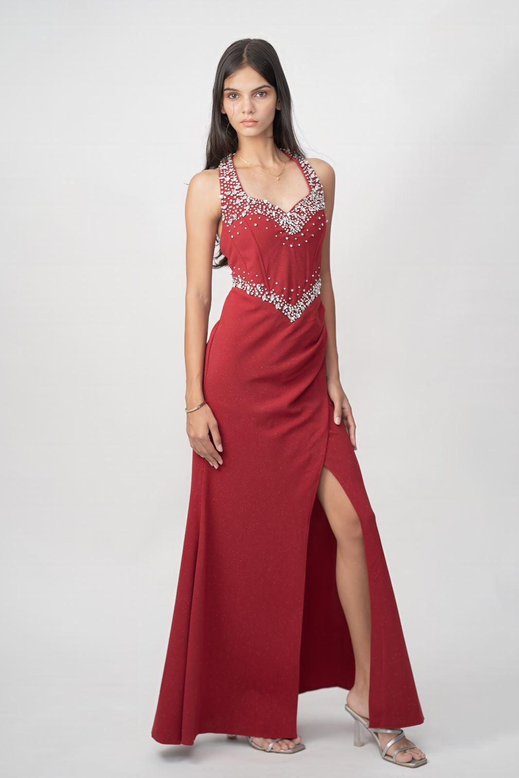 Red Crystal-Embellished Halter Neck Slit Maxi Gown