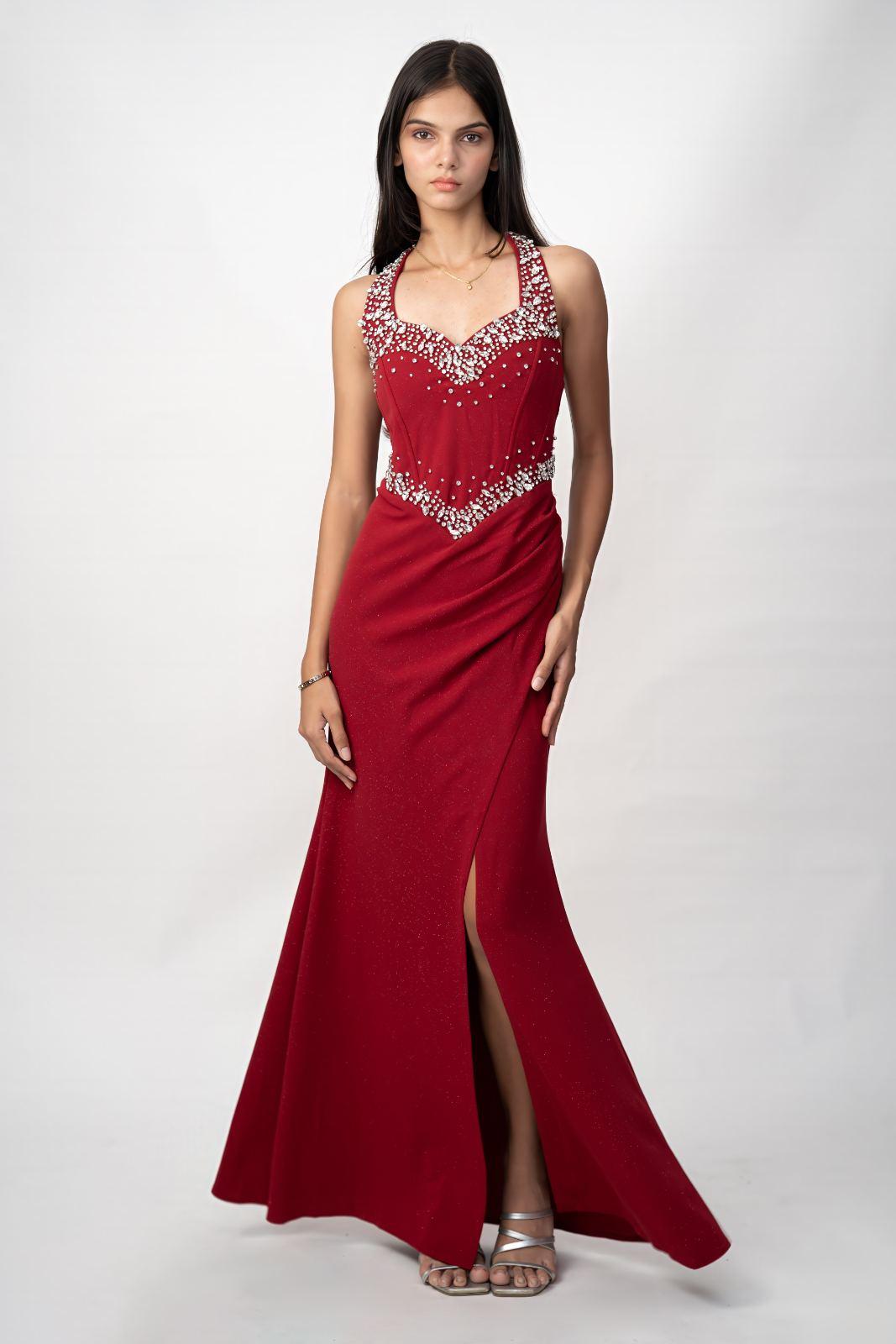Red Crystal-Embellished Halter Neck Slit Maxi Gown