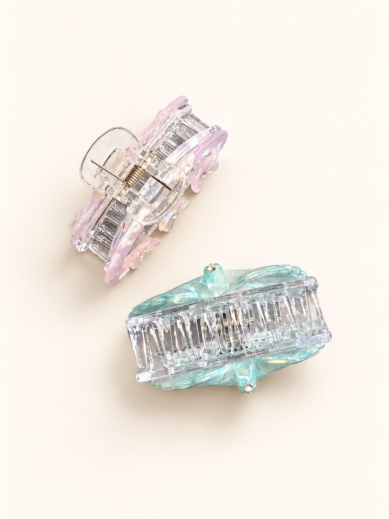 Flower Detail Hair Claw Clip Combo - Pack of 2 (Pink Flower & Aqua Flower)