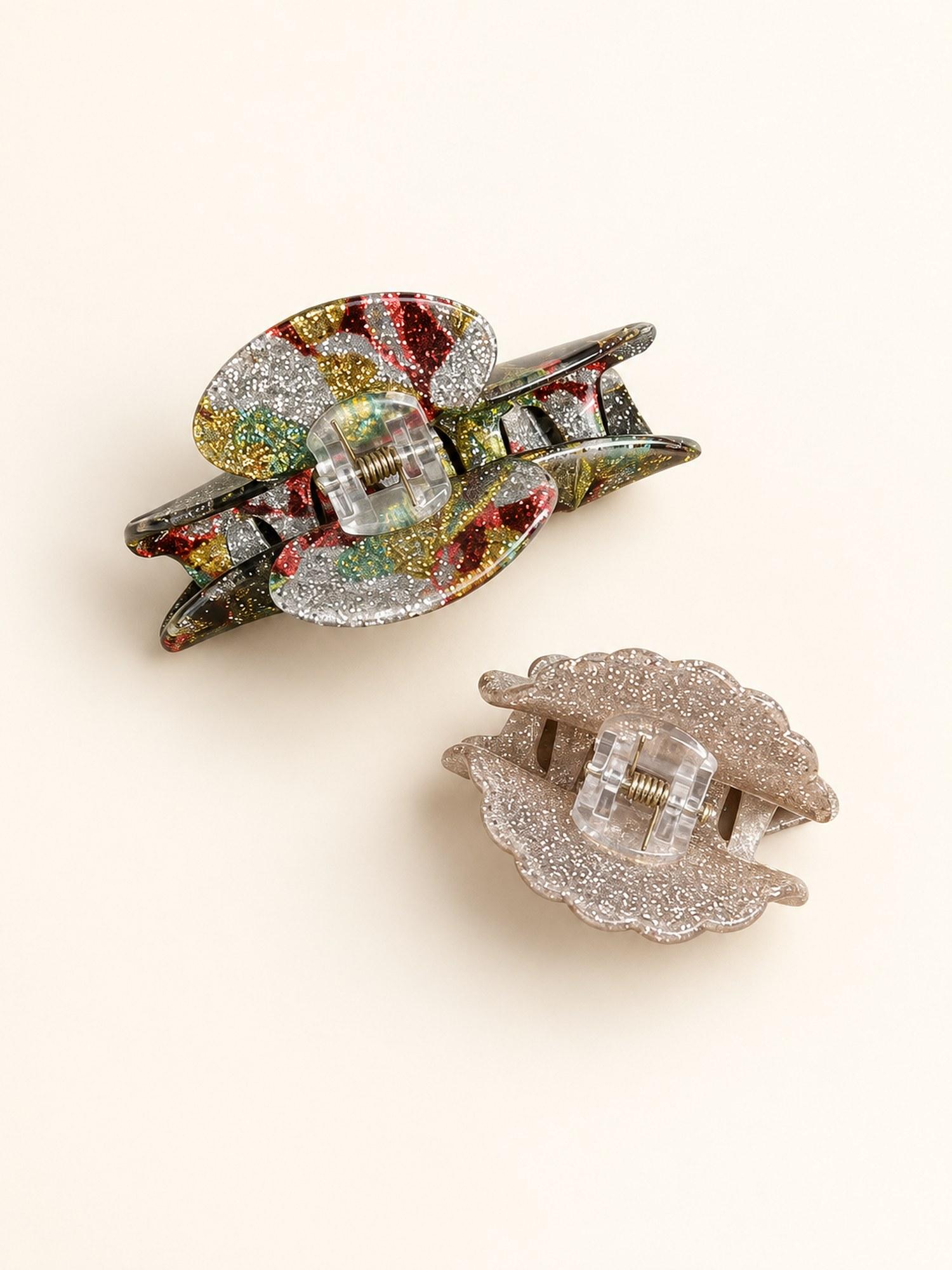 Glitter and Printed Hair Claw Clip Combo - Pack of 2 (Champagne Glitter & Floral Print)