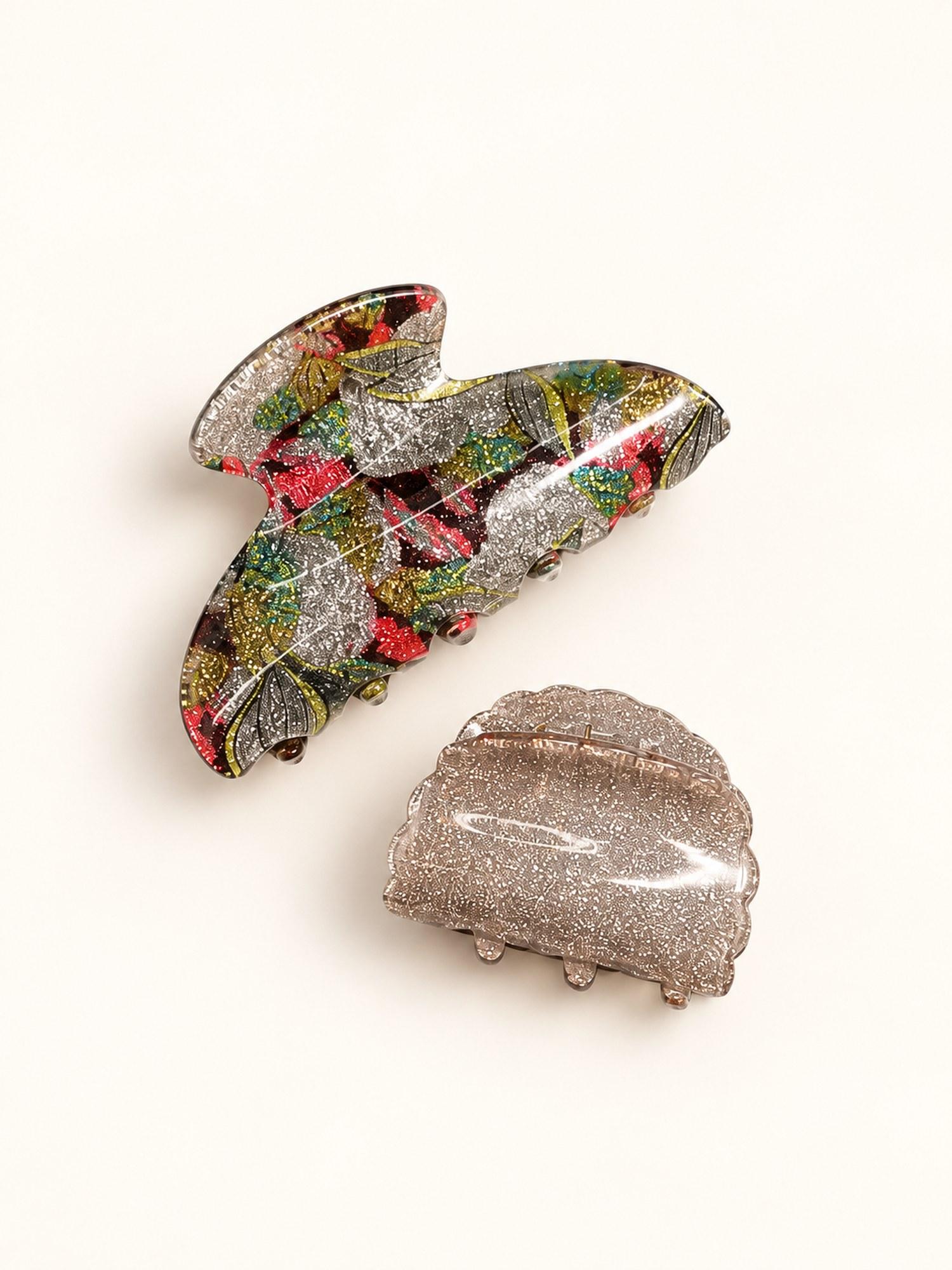 Glitter and Printed Hair Claw Clip Combo - Pack of 2 (Champagne Glitter & Floral Print)