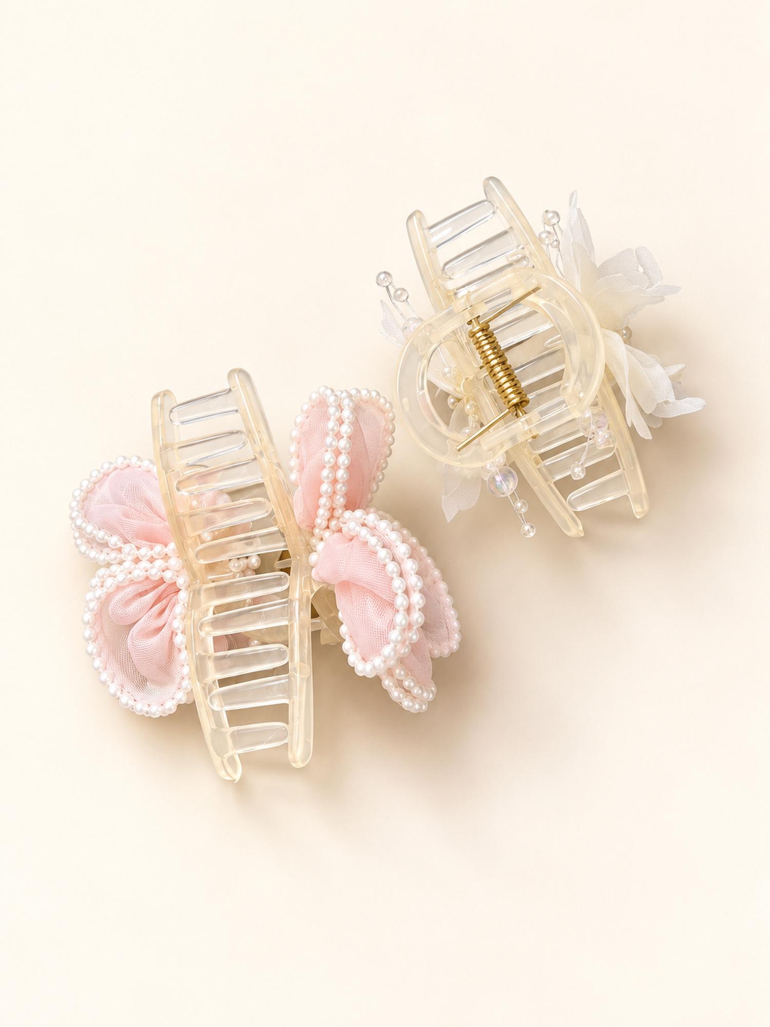 Pink Flower & Ivory Butterfly Hair Claw Clip Duo