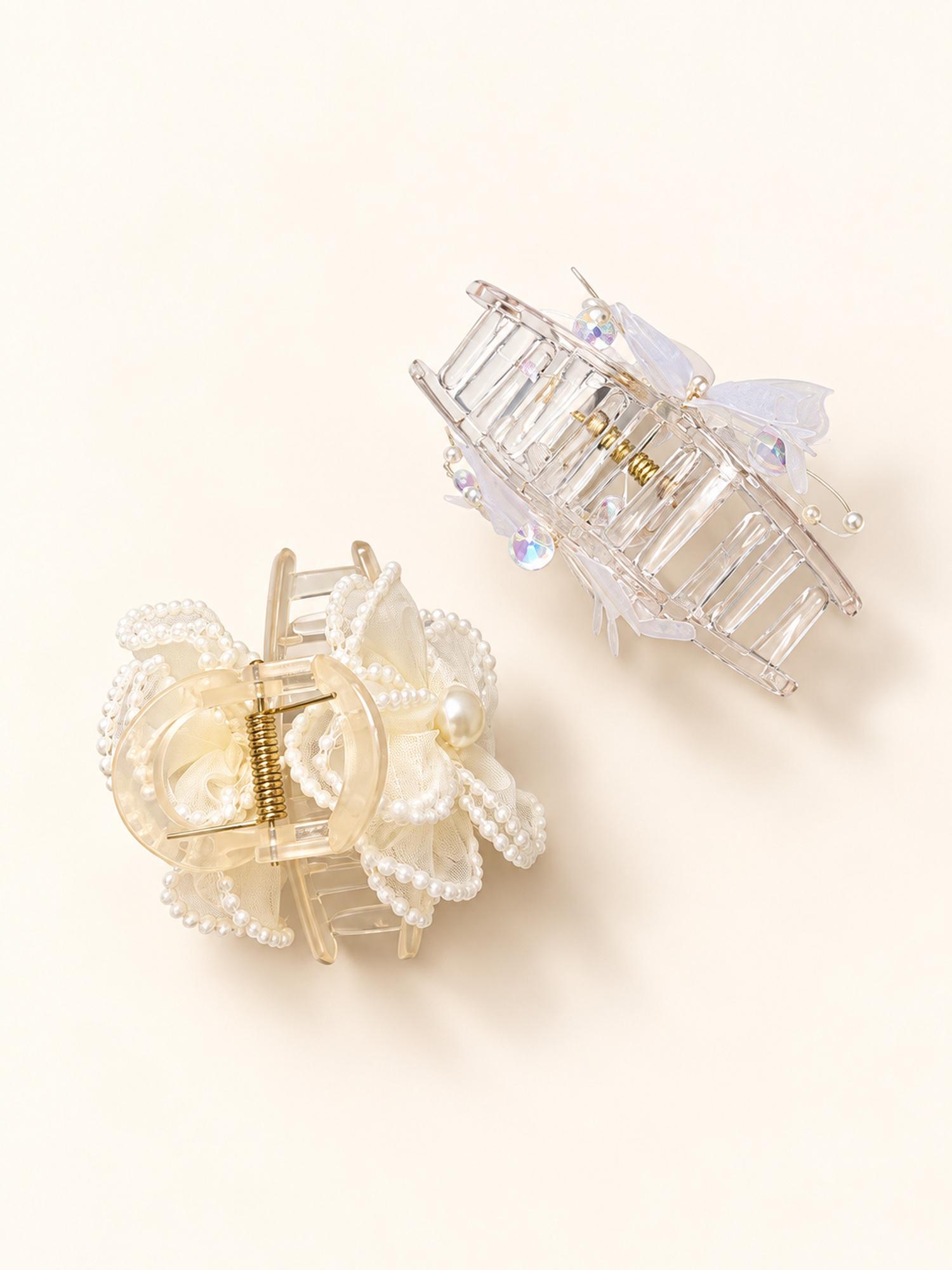 Ivory Flower & Clear Butterfly Hair Claw Clip Duo