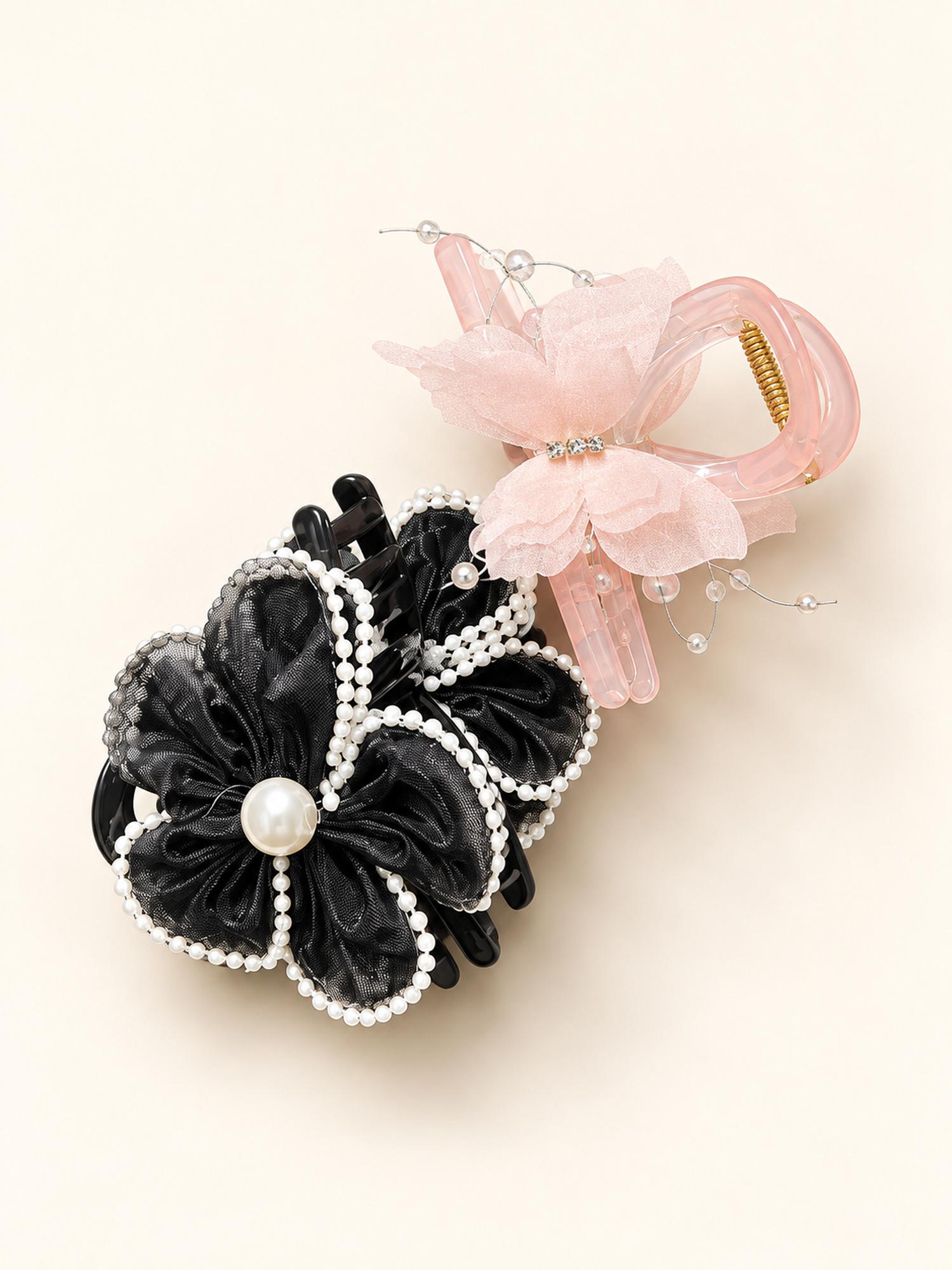 Black Flower & Pink Butterfly Hair Claw Clip Duo