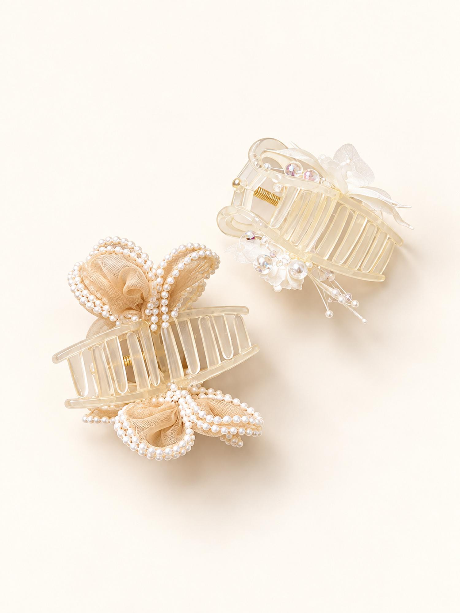 Beige Flower & White Butterfly Hair Claw Clip Duo