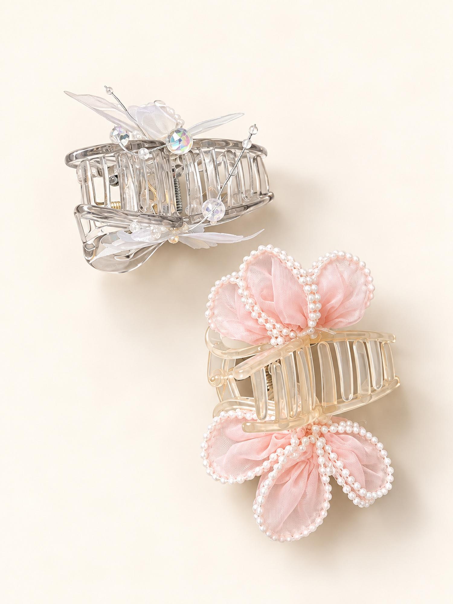 Pink Flower & Clear Butterfly Hair Claw Clip Duo