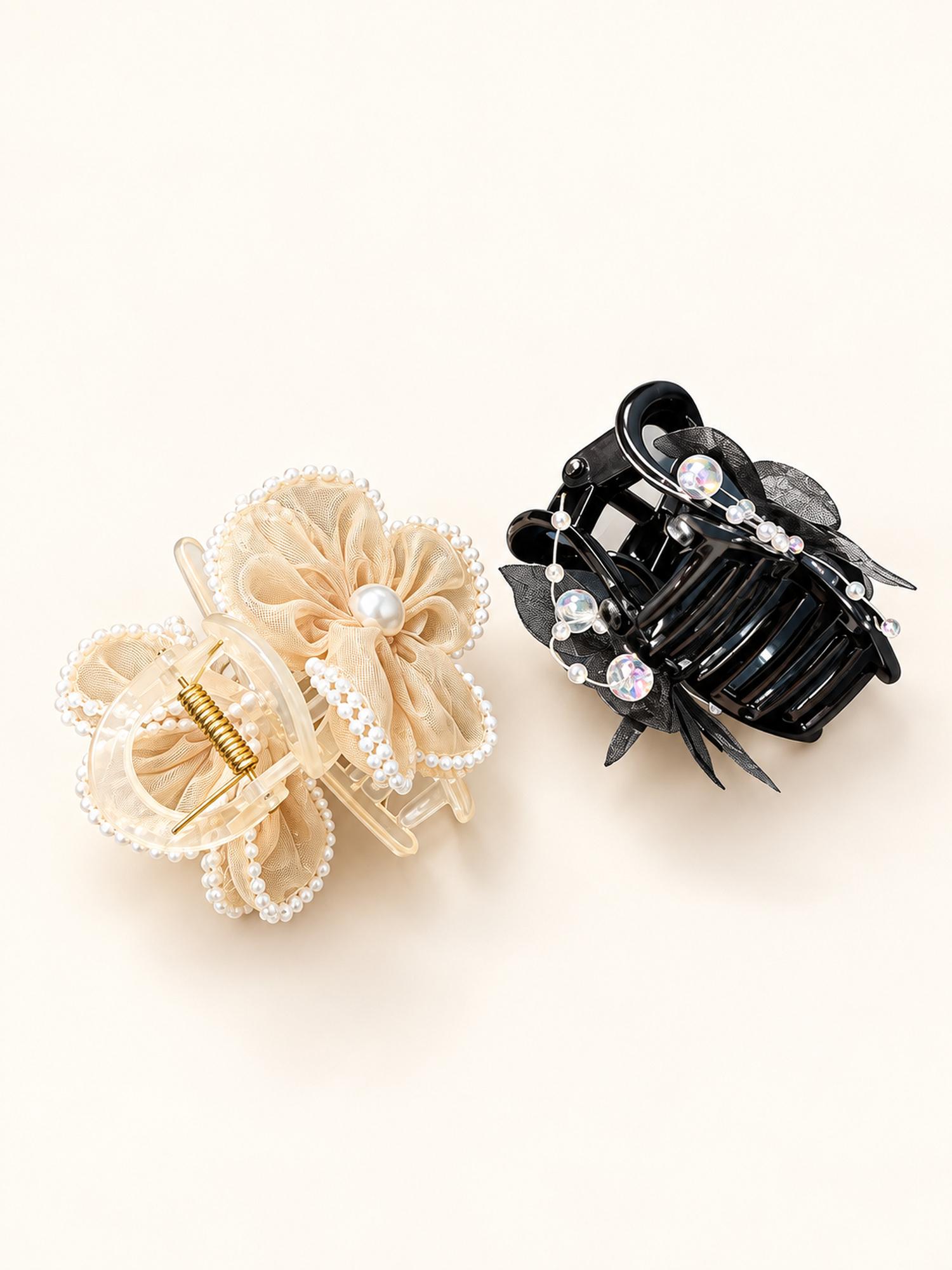 Ivory Flower & Black Butterfly Hair Claw Clip Duo