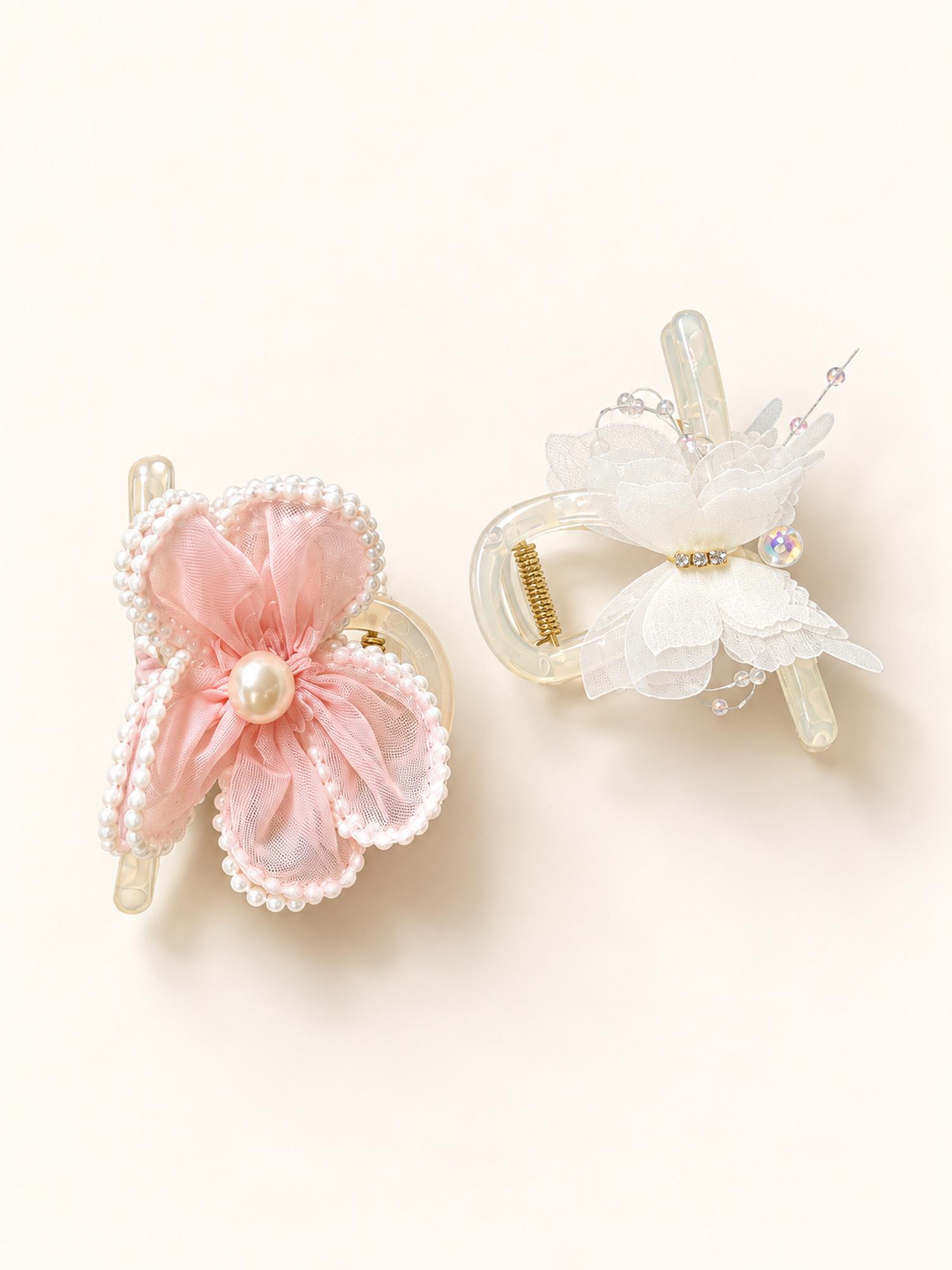 Pink Flower & Ivory Butterfly Hair Claw Clip Duo