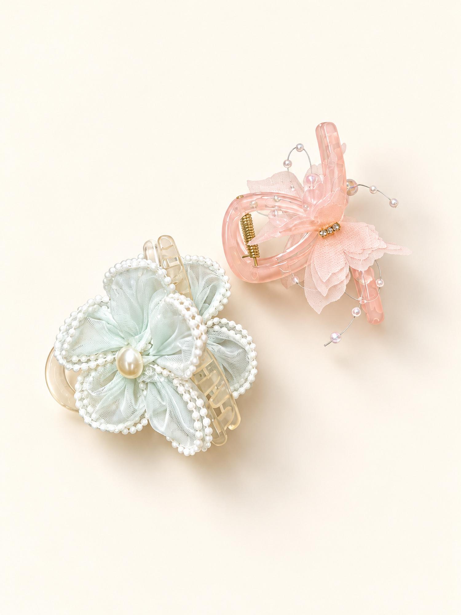 Mint Flower & Pink Butterfly Hair Claw Clip Duo