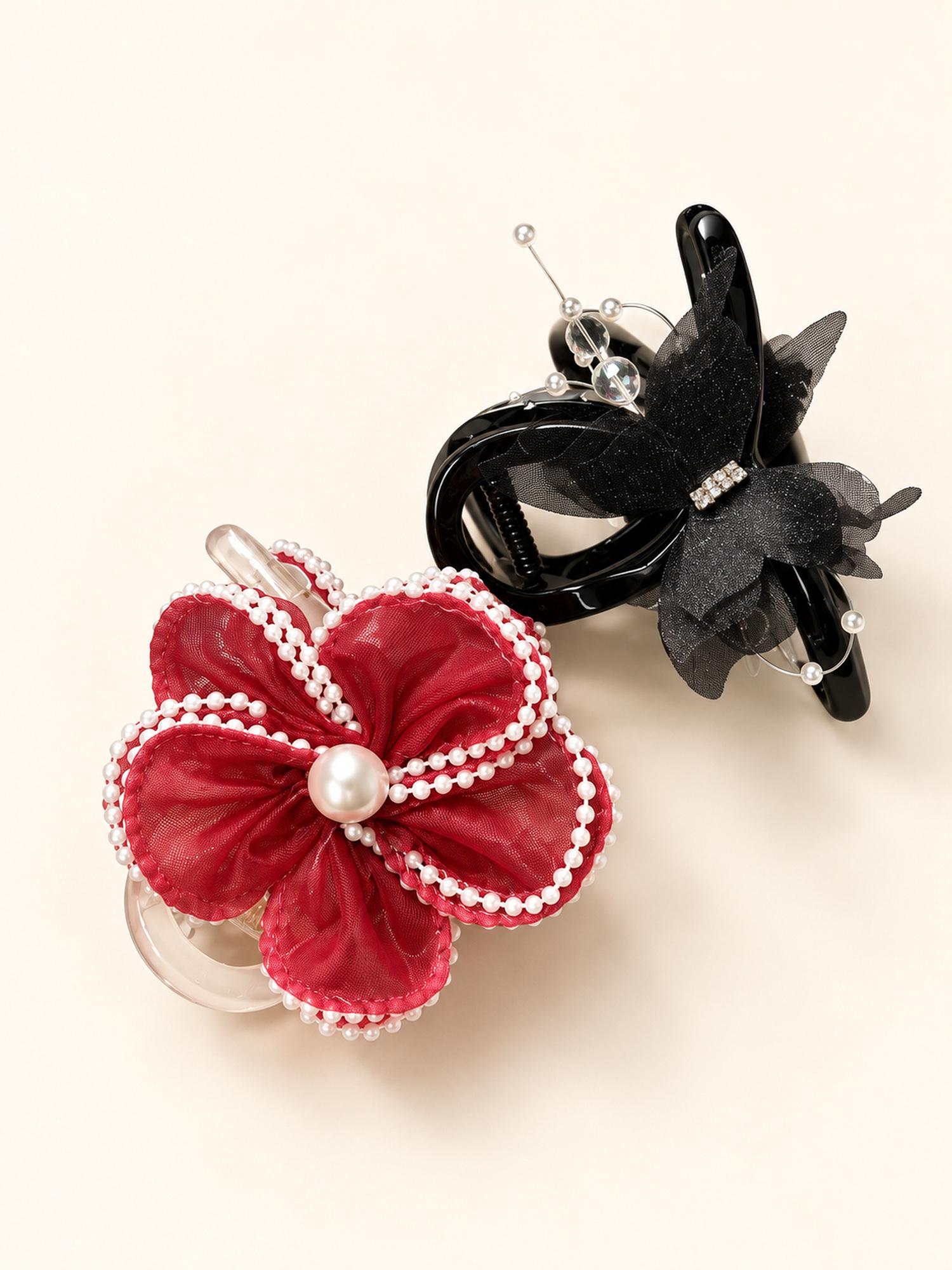 Red Flower & Black Butterfly Hair Claw Clip Duo