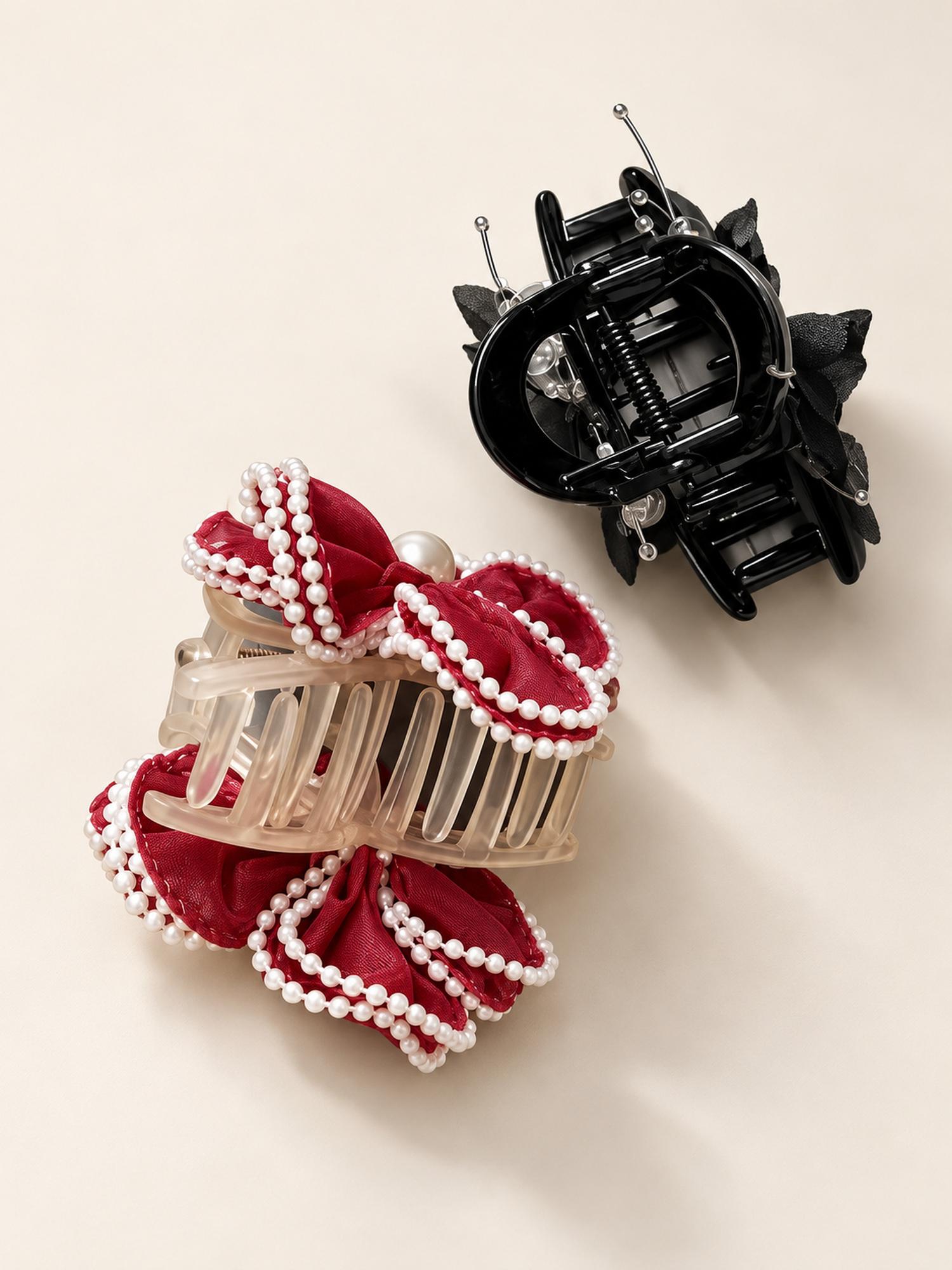 Red Flower & Black Butterfly Hair Claw Clip Duo
