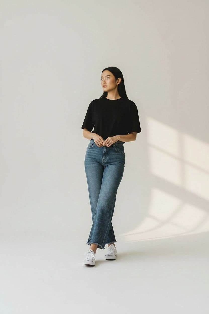 Raw Hem Micro-Dot Flare Jeans