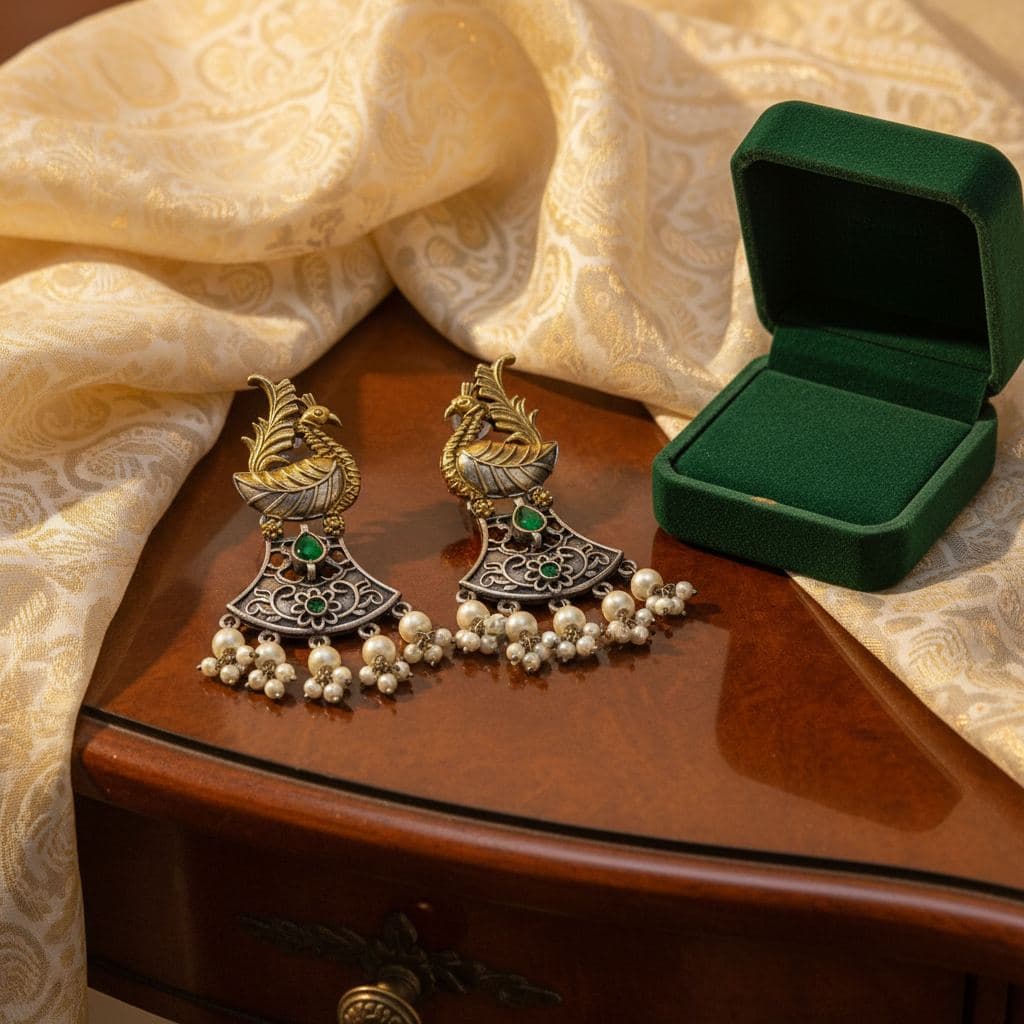 Antique Peacock Drop Earrings with Pearl