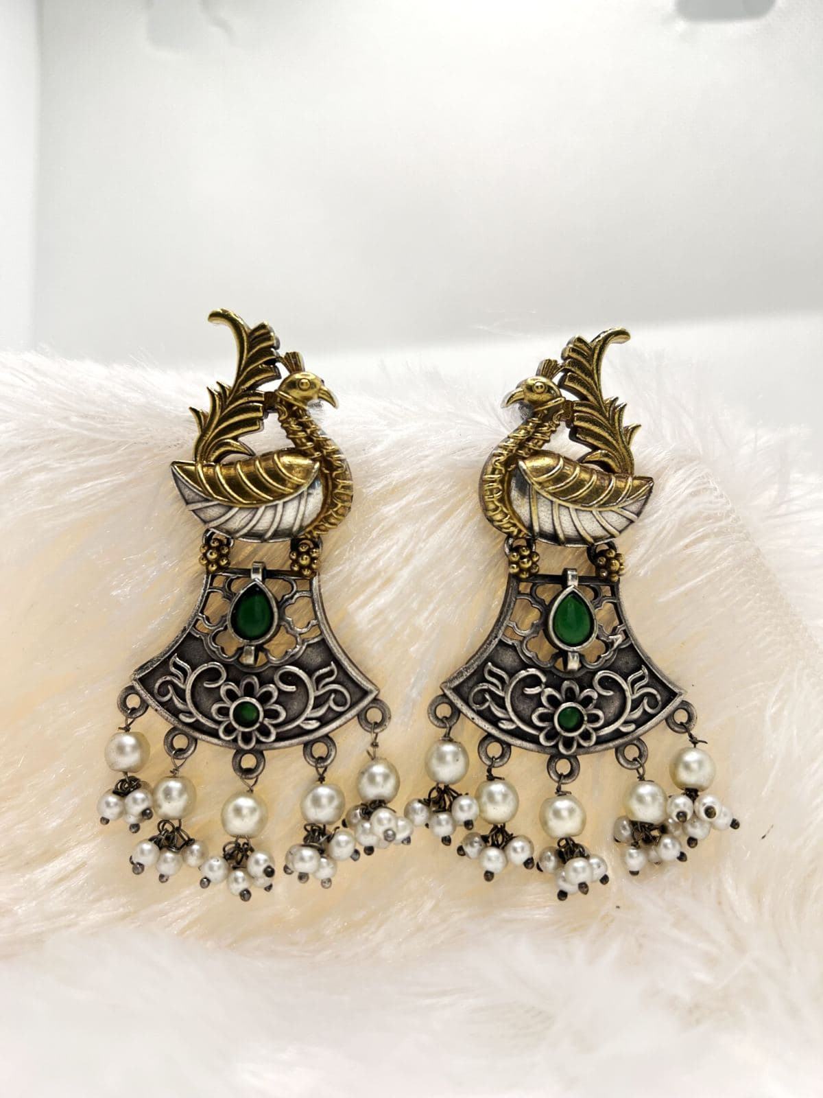 Antique Peacock Drop Earrings with Pearl